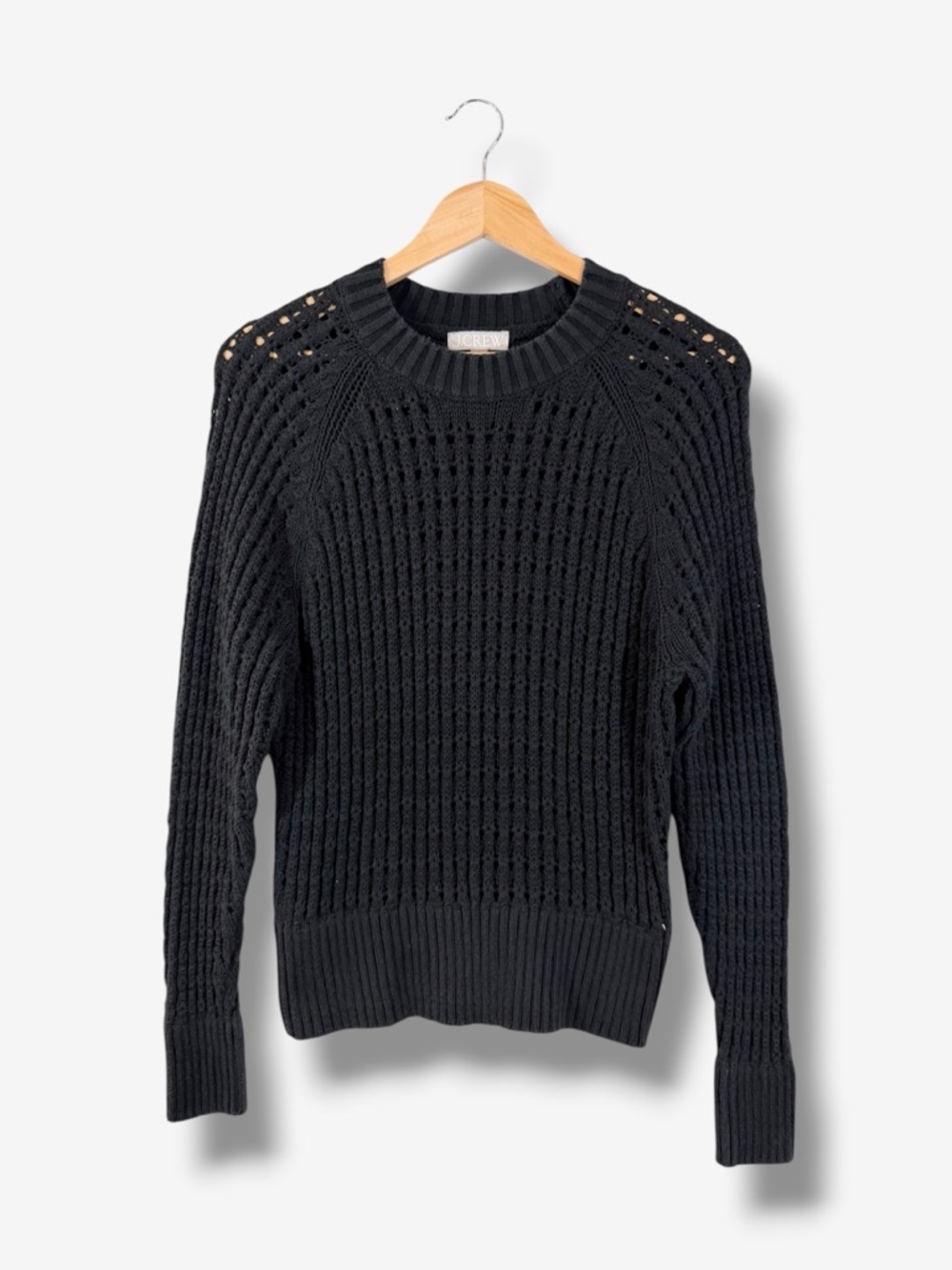 J. Crew Black Pointelle Crewneck Sweater Size L Open Knit Preppy Minimalist